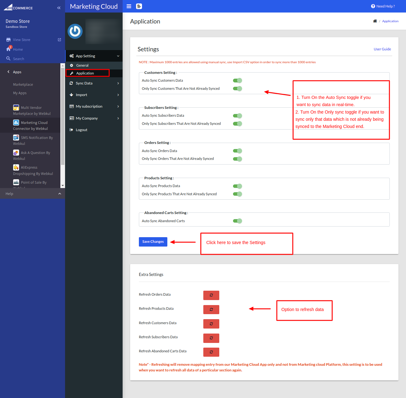 BigCommerce Marketing Cloud Connector - application settings option