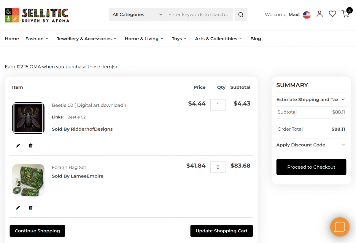 sellitic artisans online marketplace cart