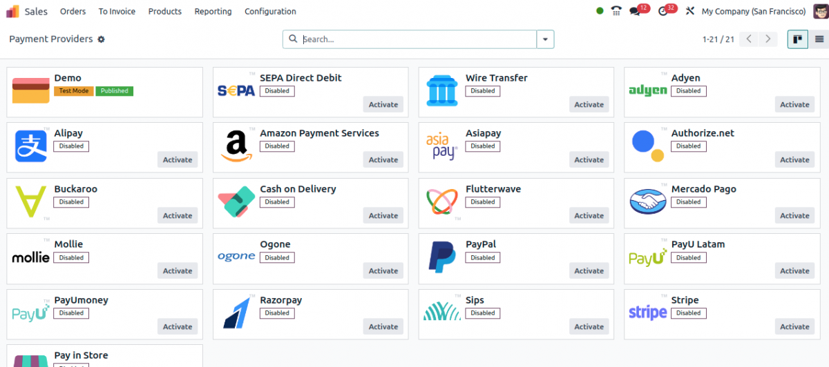List of Odoo 17 payment providers list