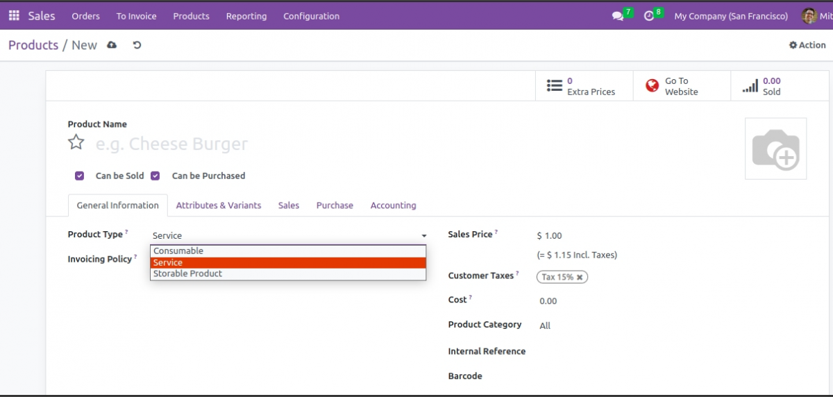 Odoo 16 type of products