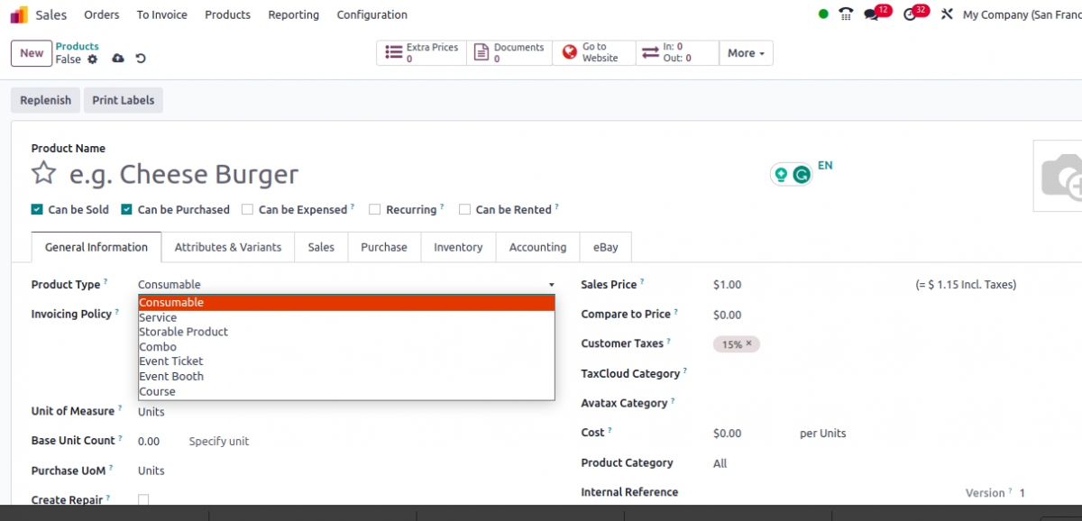 Odoo 17 type of product