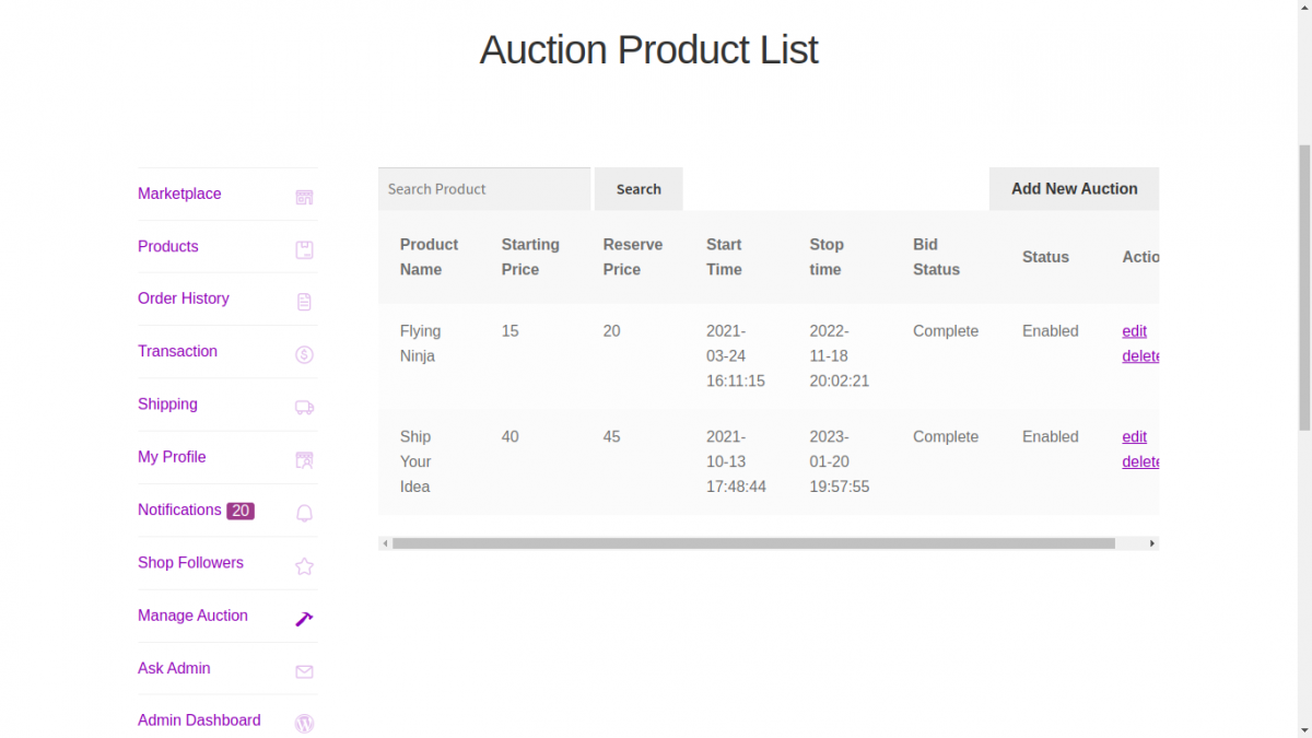 Auction product list