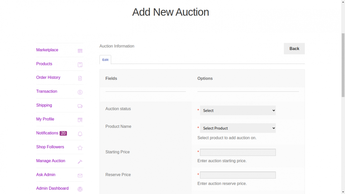 Add new auction button